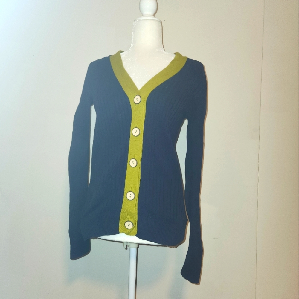 Vintage VTG Y2K Old Navy Fall 2008 Navy Blue Green Cardigan Sweater Medium M EUC
